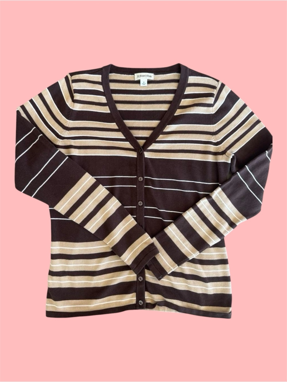 St. John's Bay Brown & Cream Striped V-Neck Cardigan - 100% Cotton